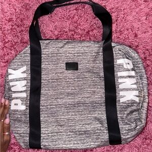 VICTORIA'S SECRET PINK Logo Duffel Shoulder Weekender Bag Gray White Pink Logo
